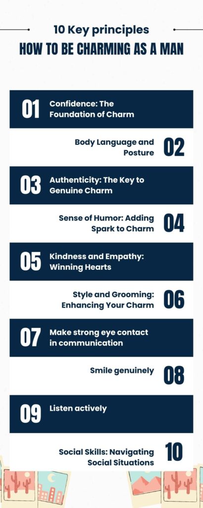 10 Key principles: How to be charming as a man written on this infographic.